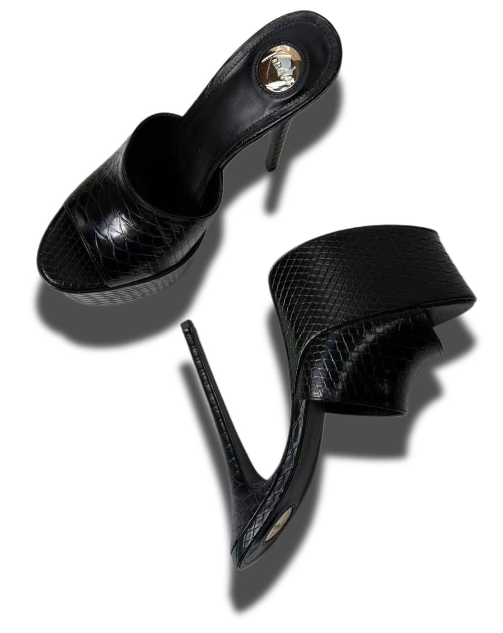 Black Python embossed Leather Platform Mules
