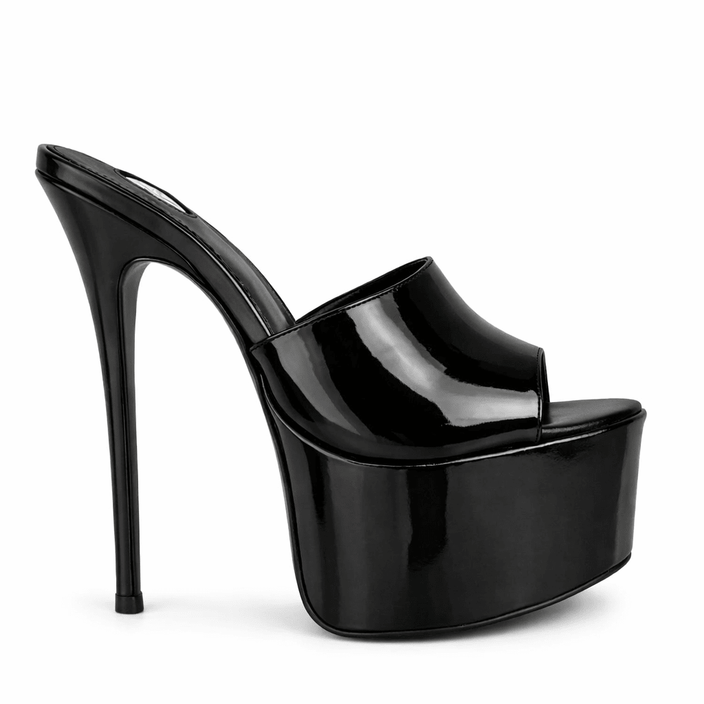High gloss Black Patent Leather Platform Mules - Kandee