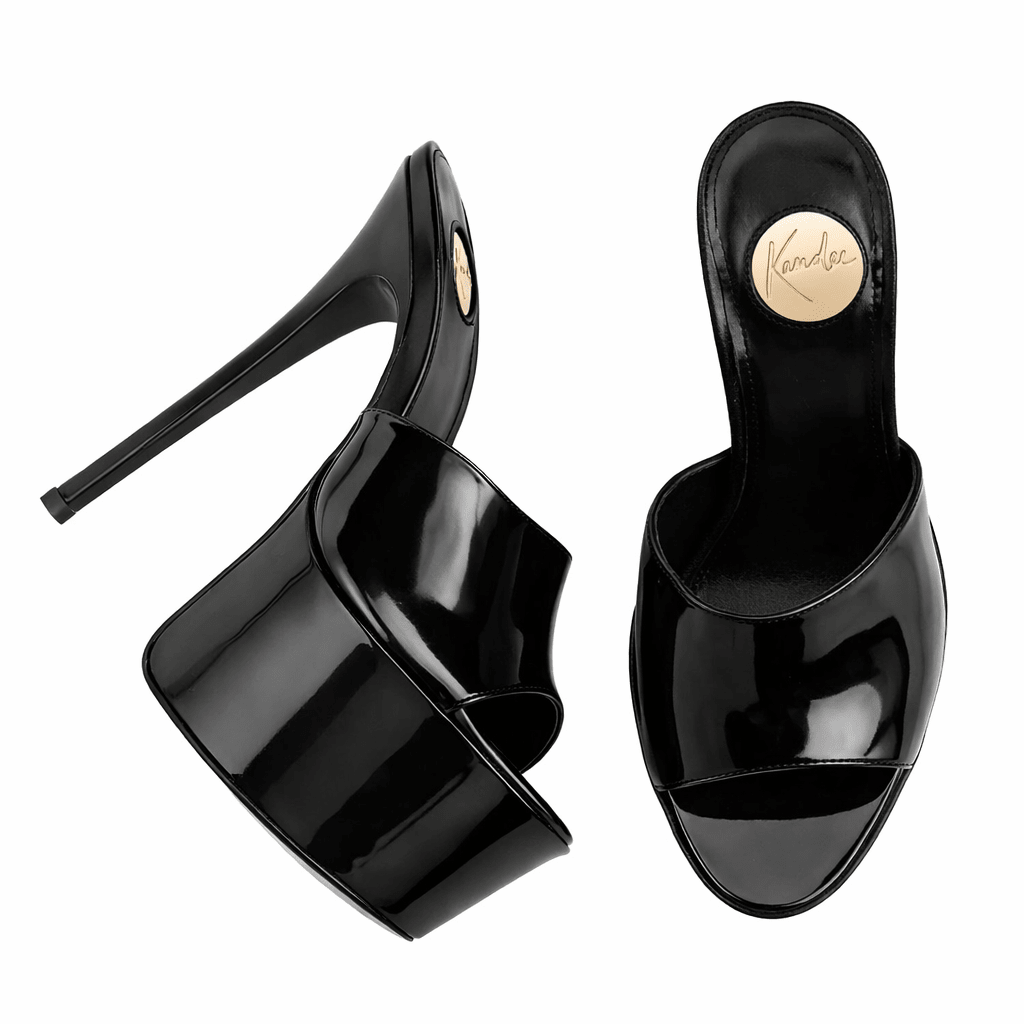 High gloss Black Patent Leather Platform Mules - Kandee
