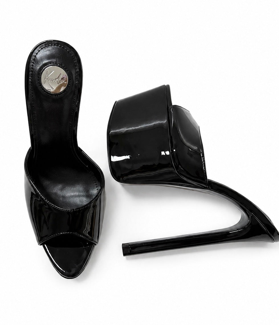 Midnight Black Gloss 180mm heel Mules - Kandee