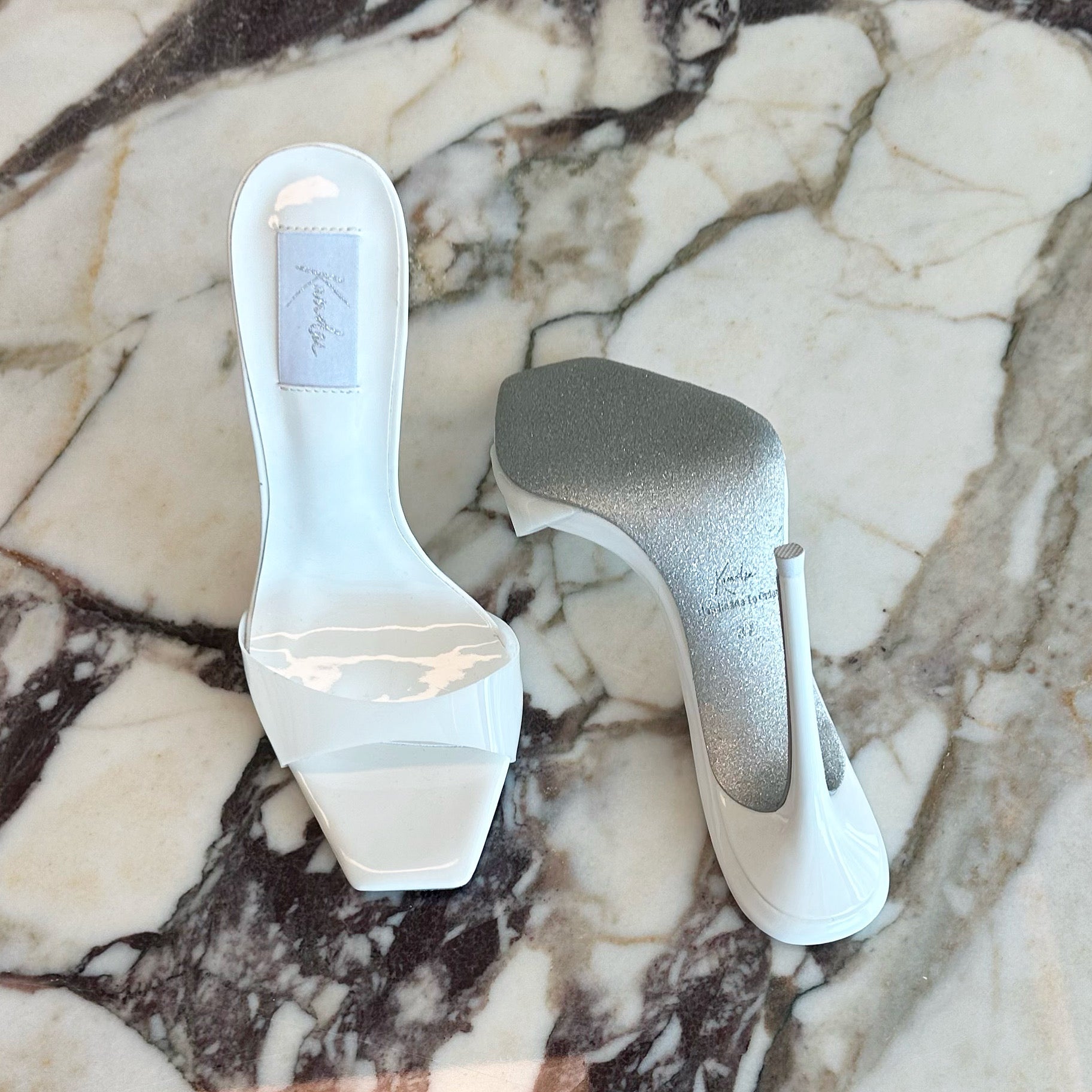 Blanco Patent Leather White PVC Mules - Kandee