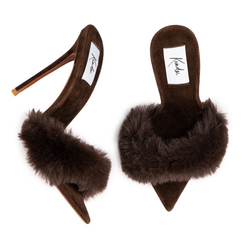 Chocolate Suede Mink Mules - Kandee