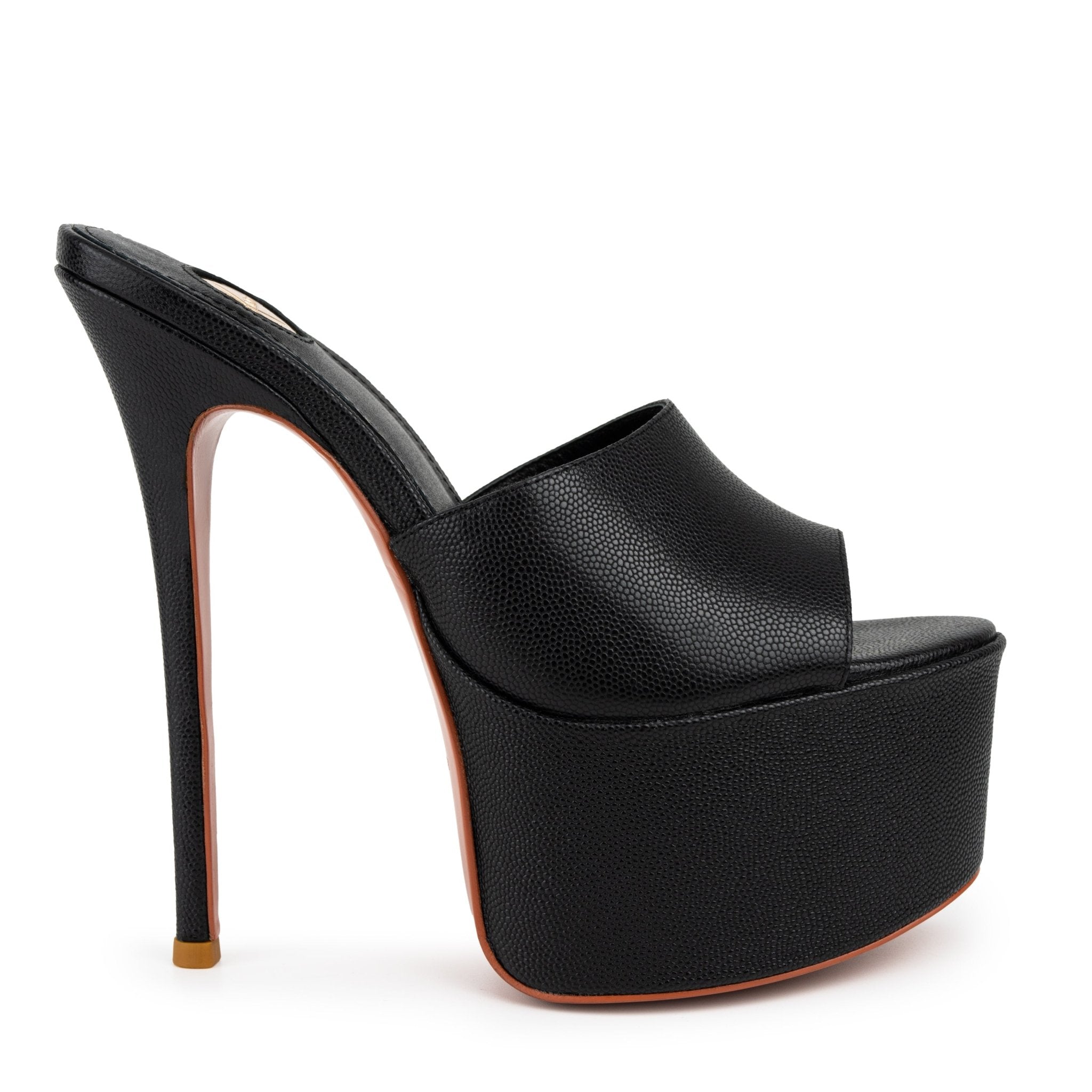 Black Caviar Leather Platform Mules - Kandee