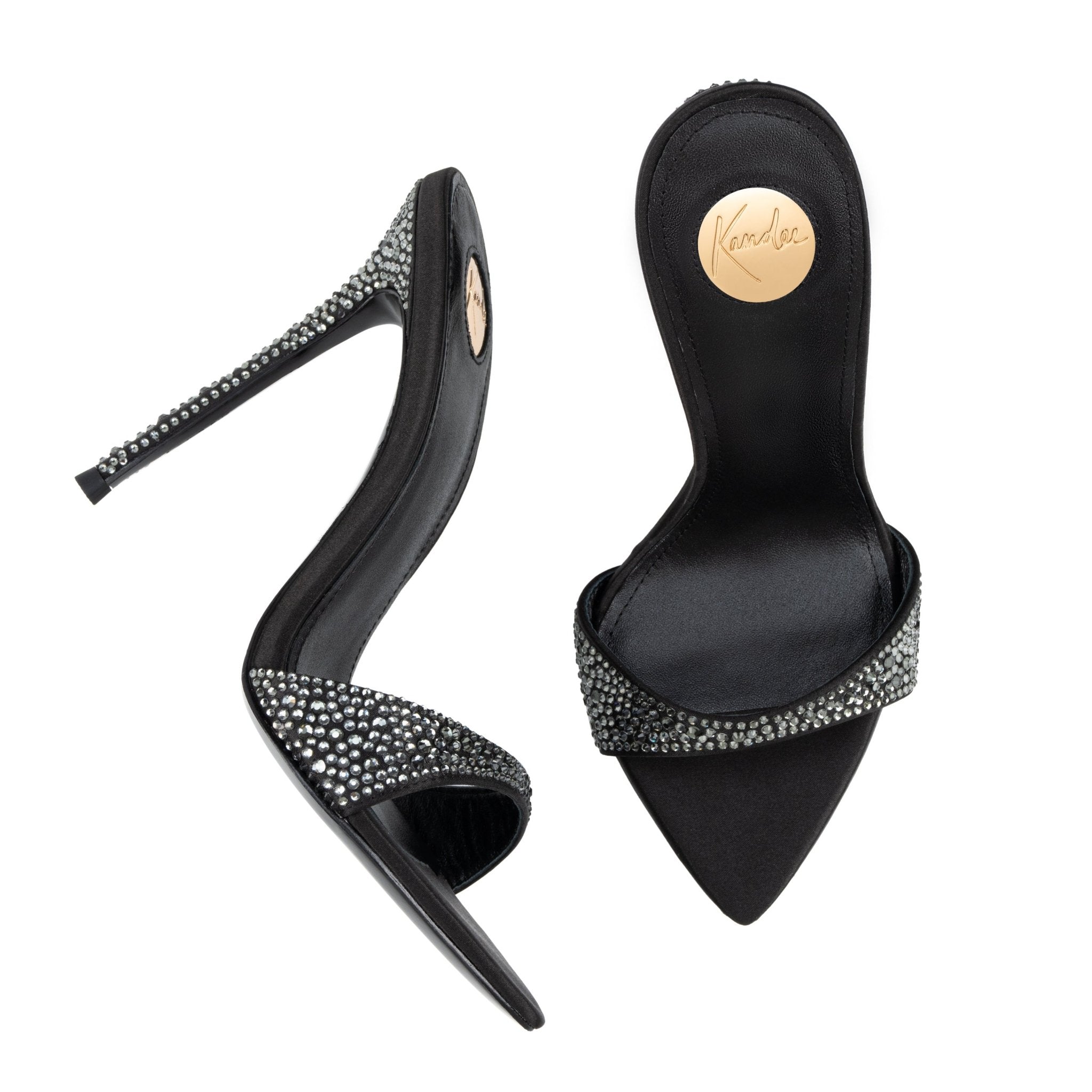 Black Caviar Crystal Leather Mules 120mm - Kandee