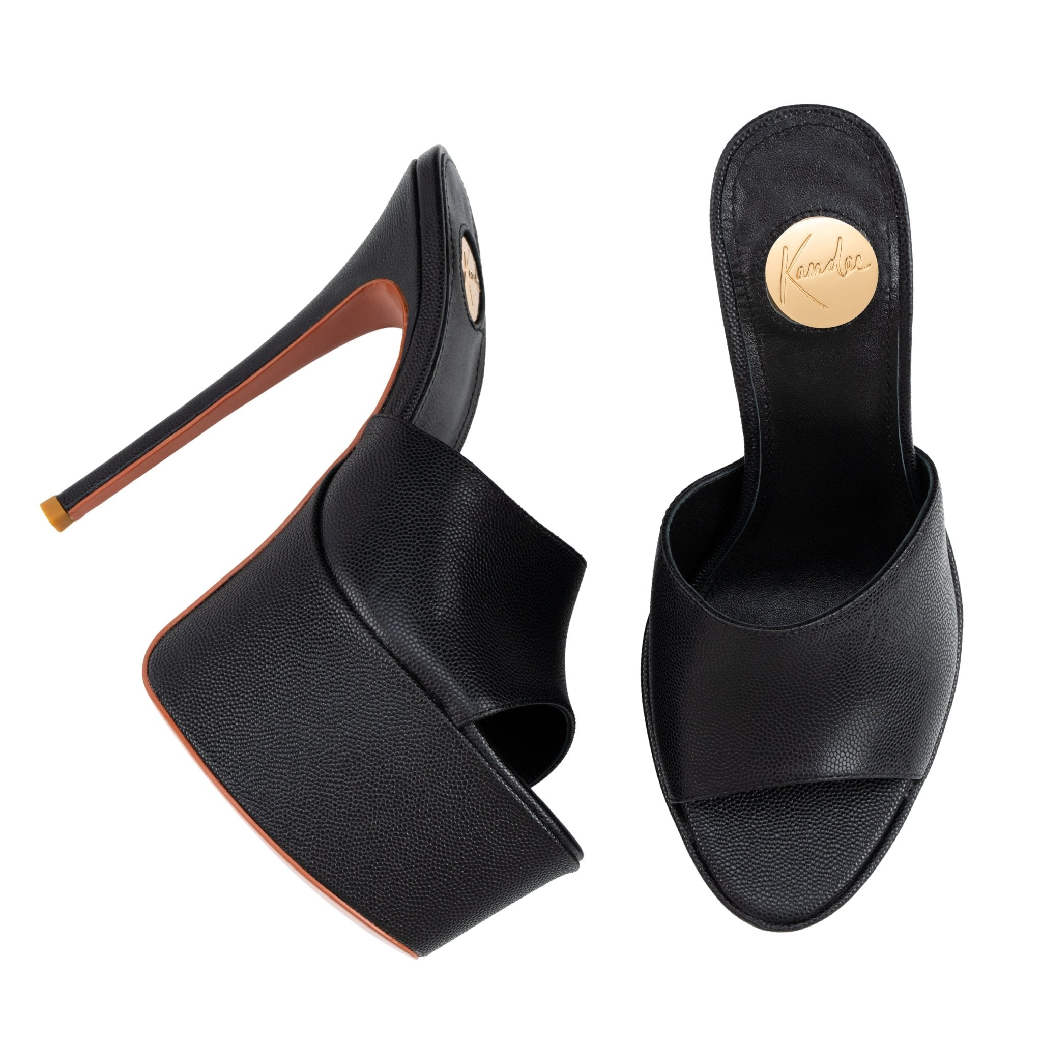 Black Caviar Leather Platform Mules - Kandee