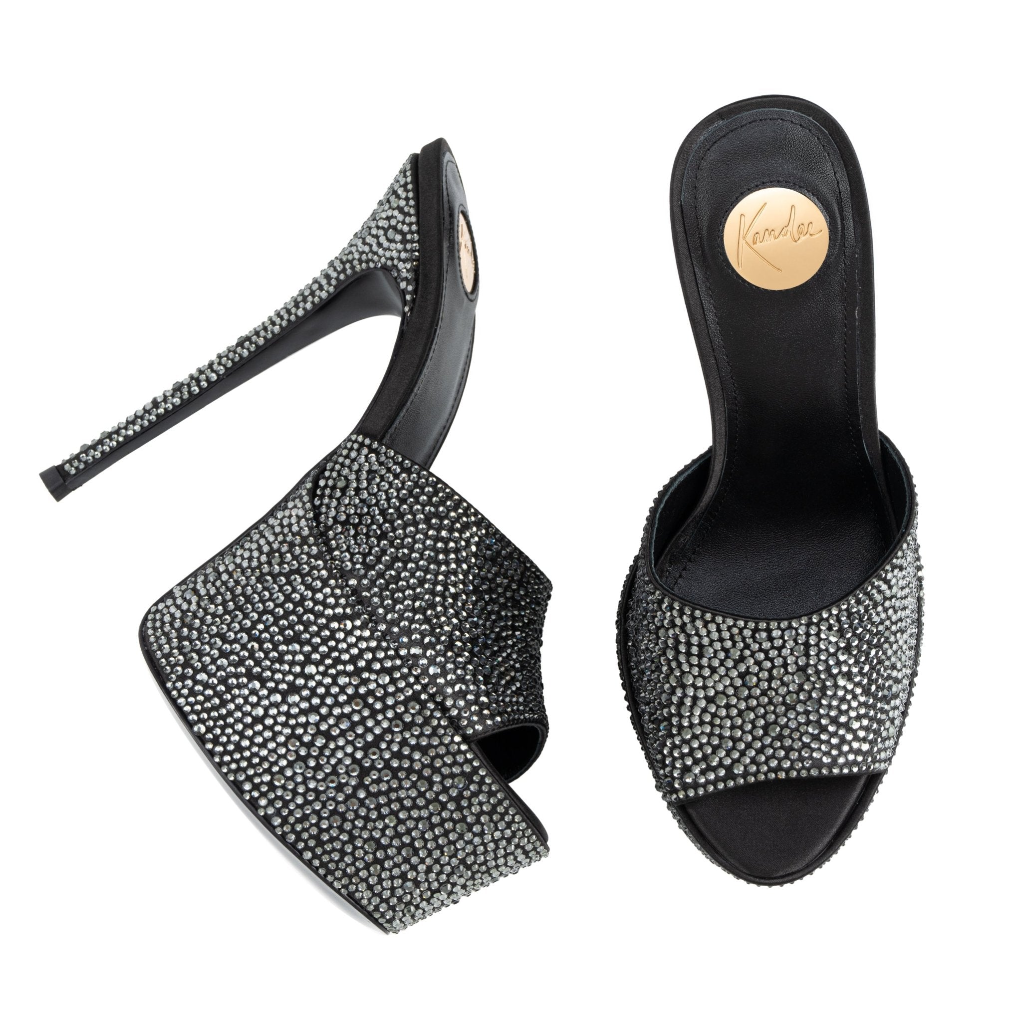 Black Caviar Crystal Leather Platform Mules - Kandee