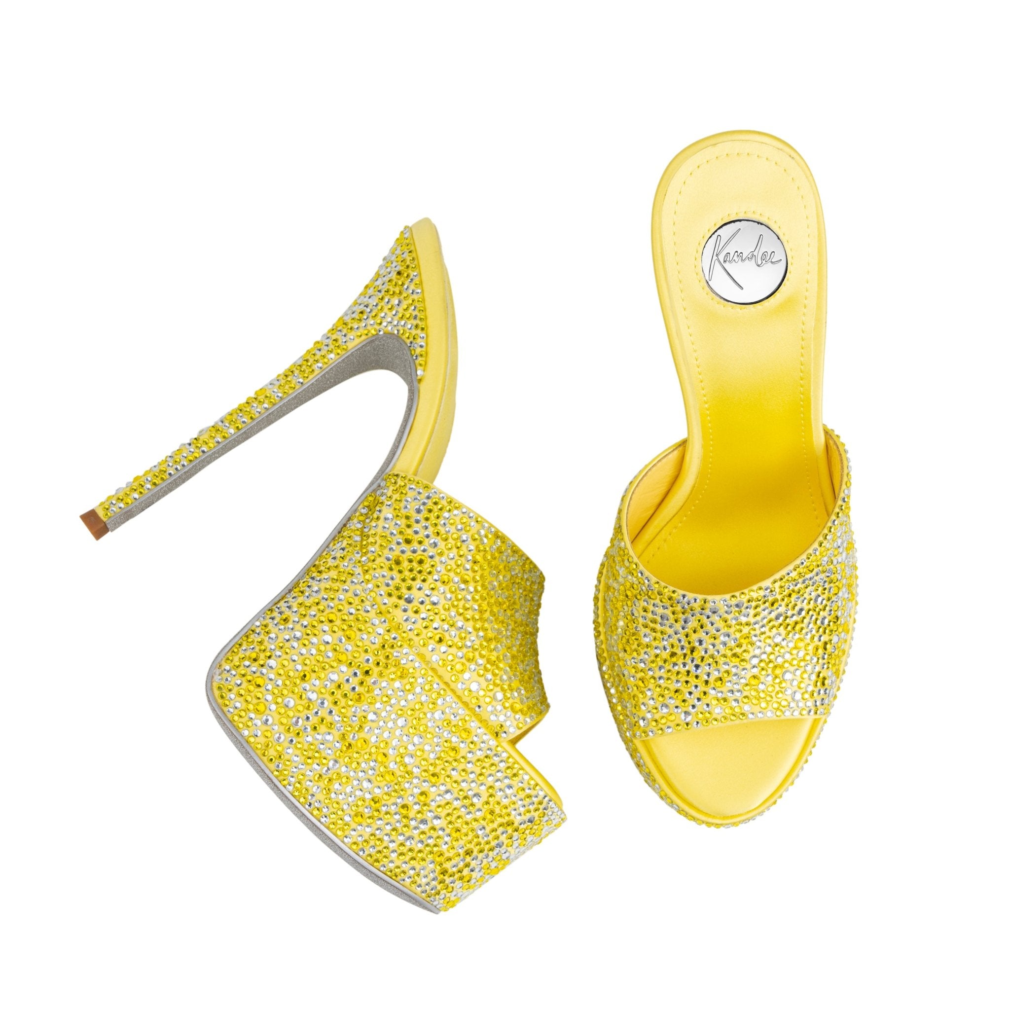 Lemon Crystal Silk Platform Mules - Kandee