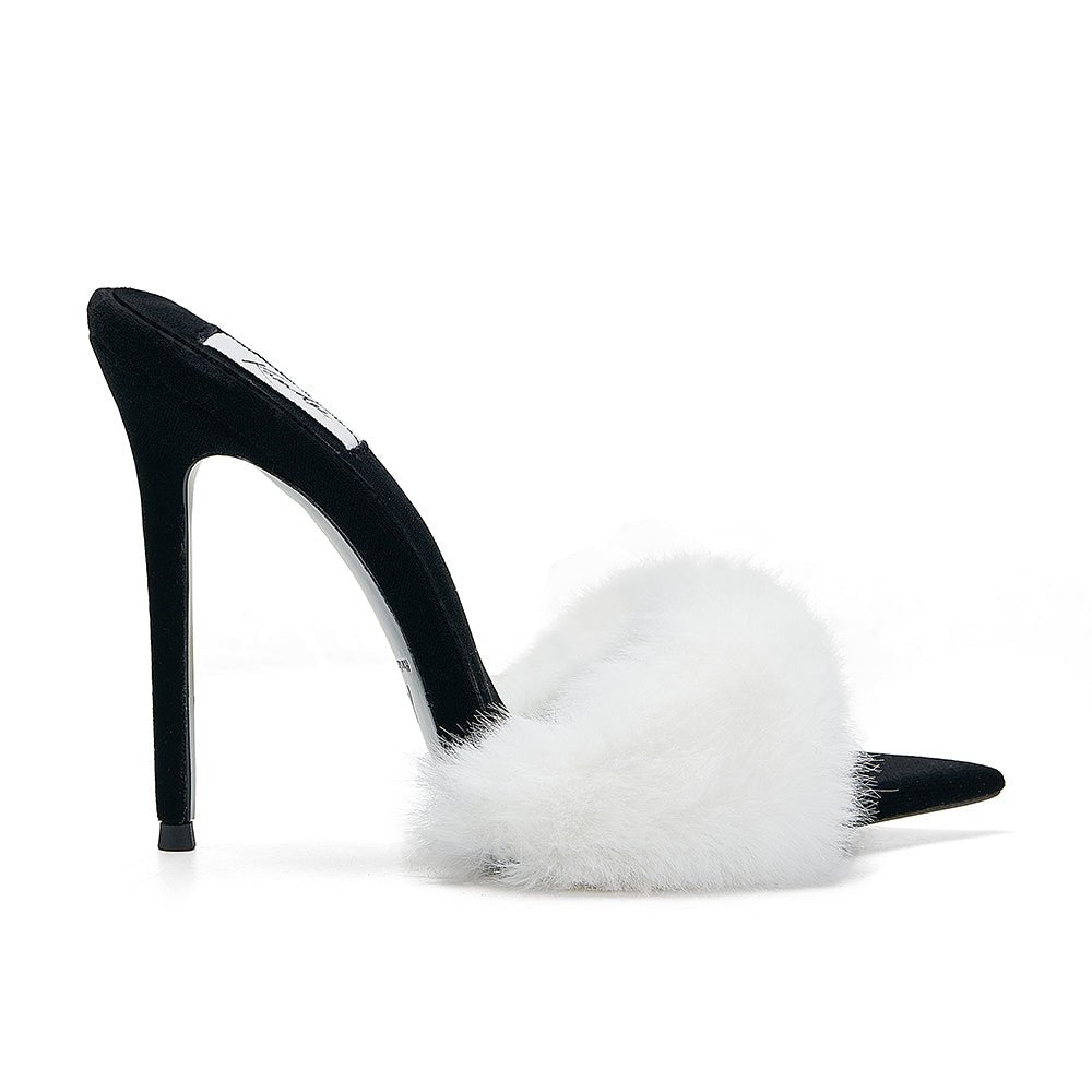 Black Velvet White Mink Mules *As Seen On Sabrina Carpenter* - Kandee