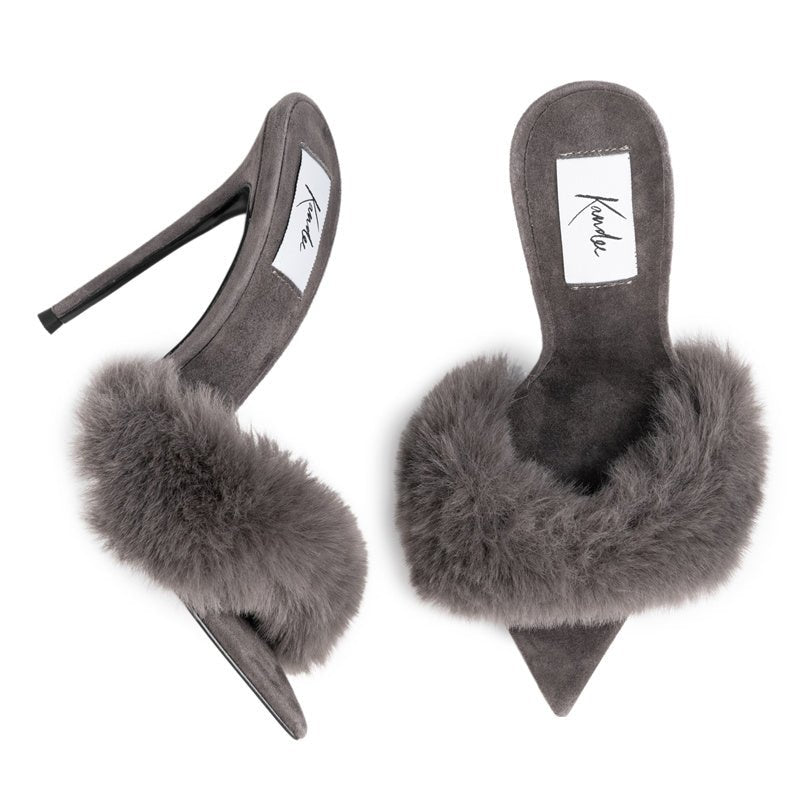 Grey Suede Mink Mules - Kandee