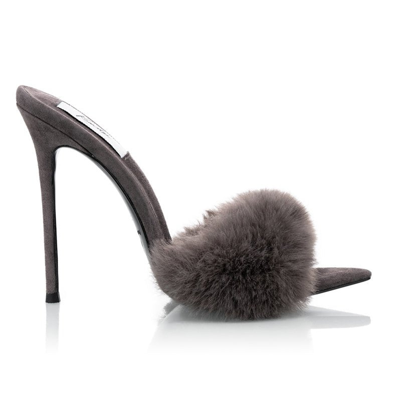 Grey Suede Mink Mules - Kandee