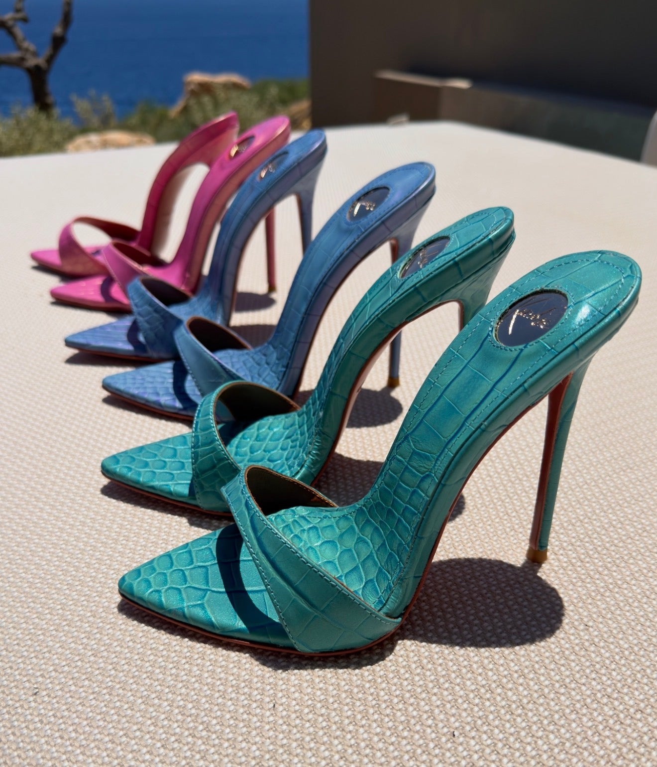 Iridescent Pink Croc Mules