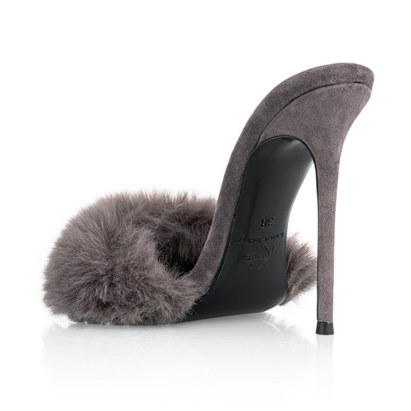 Grey Suede Mink Mules - Kandee