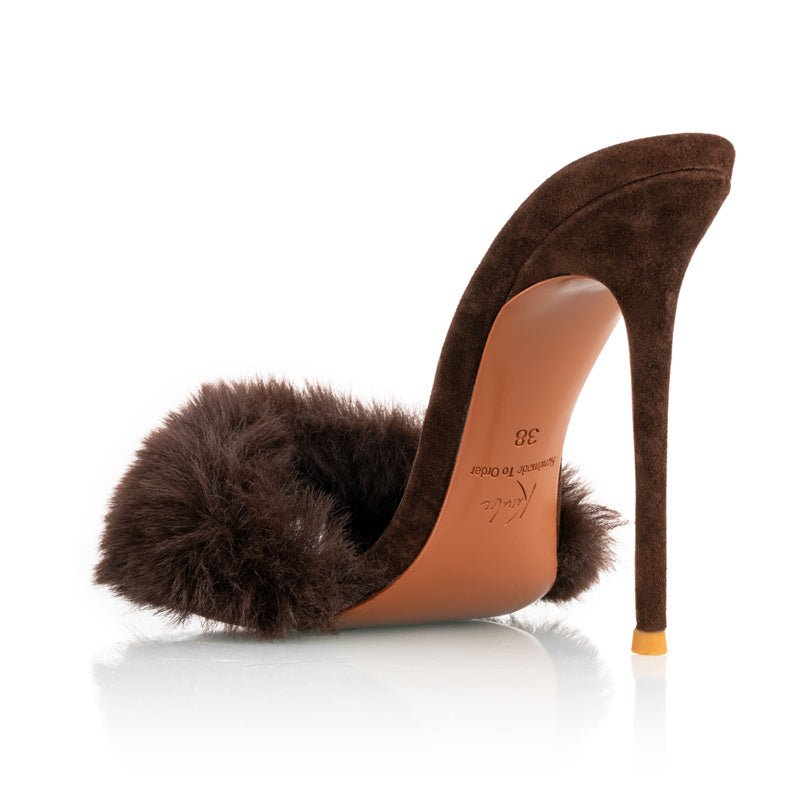 Chocolate Suede Mink Mules - Kandee