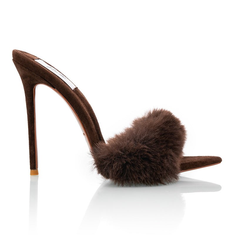 Chocolate Suede Mink Mules - Kandee