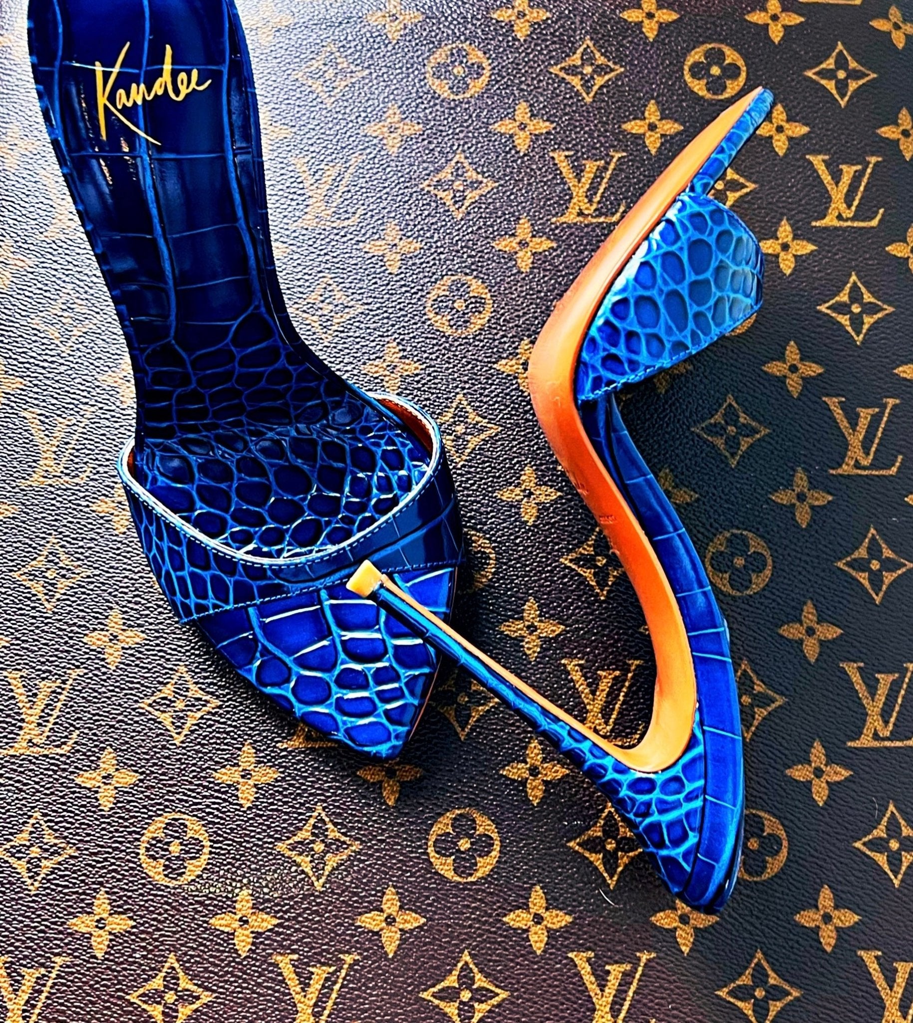 Bleu Nuit Glossy Croc Mules - Kandee