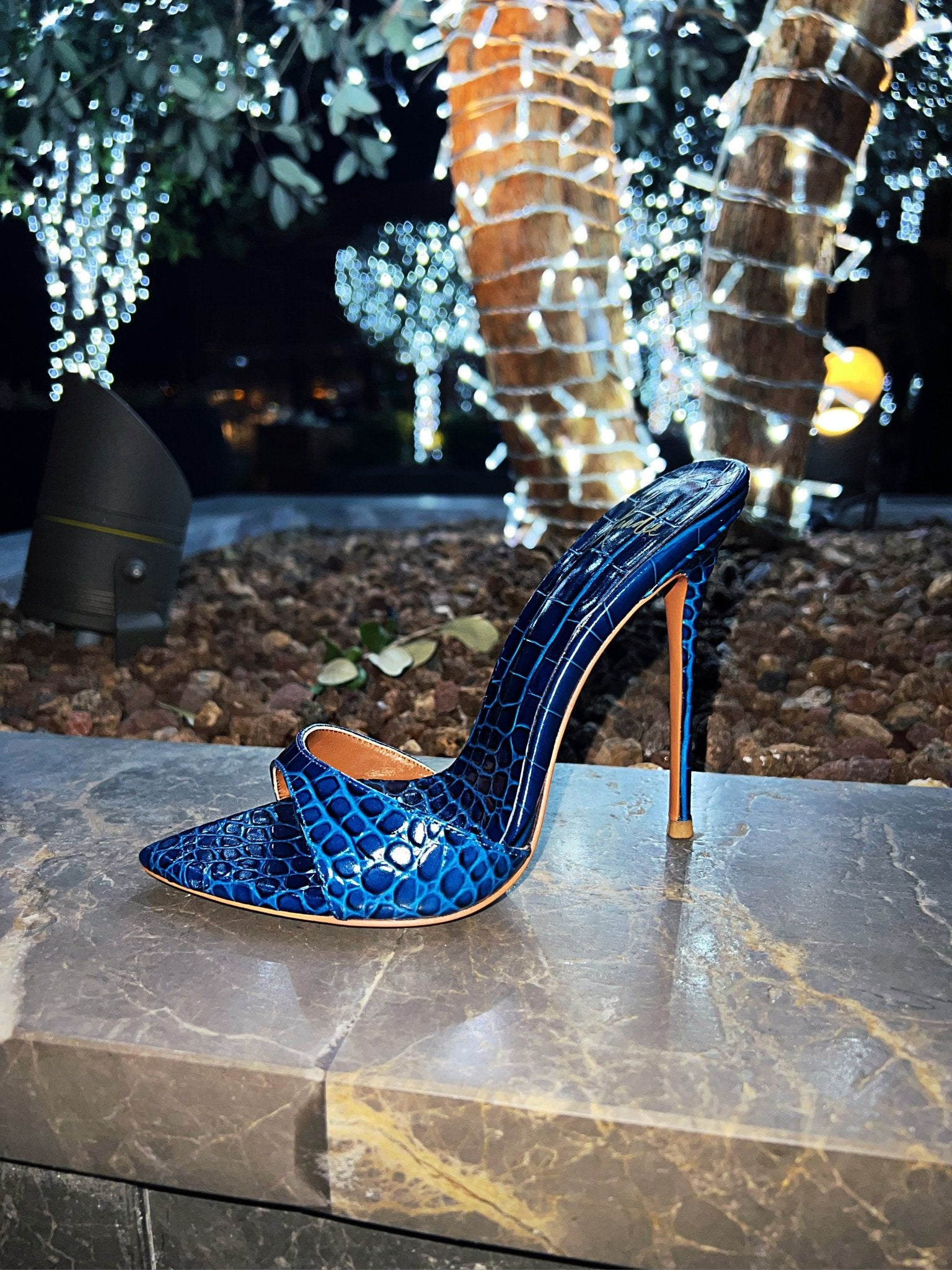 Bleu Nuit Glossy Croc Mules - Kandee