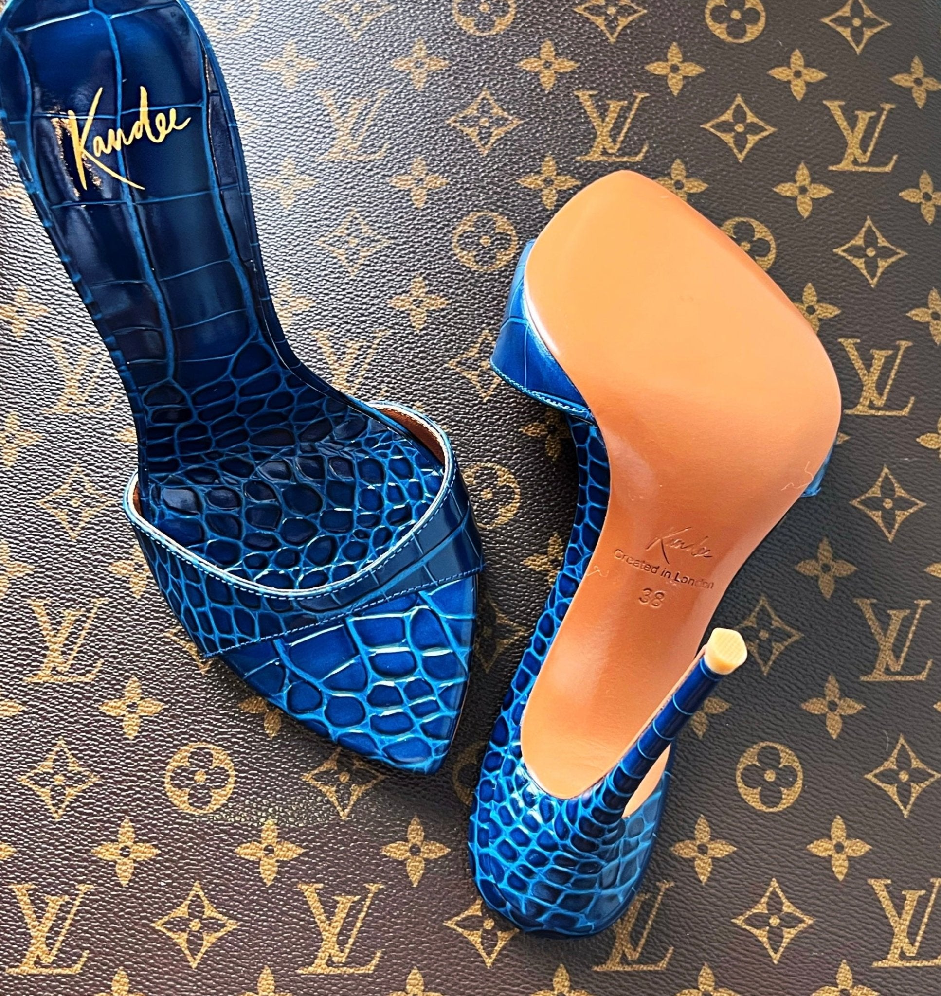 Bleu Nuit Glossy Croc Mules - Kandee