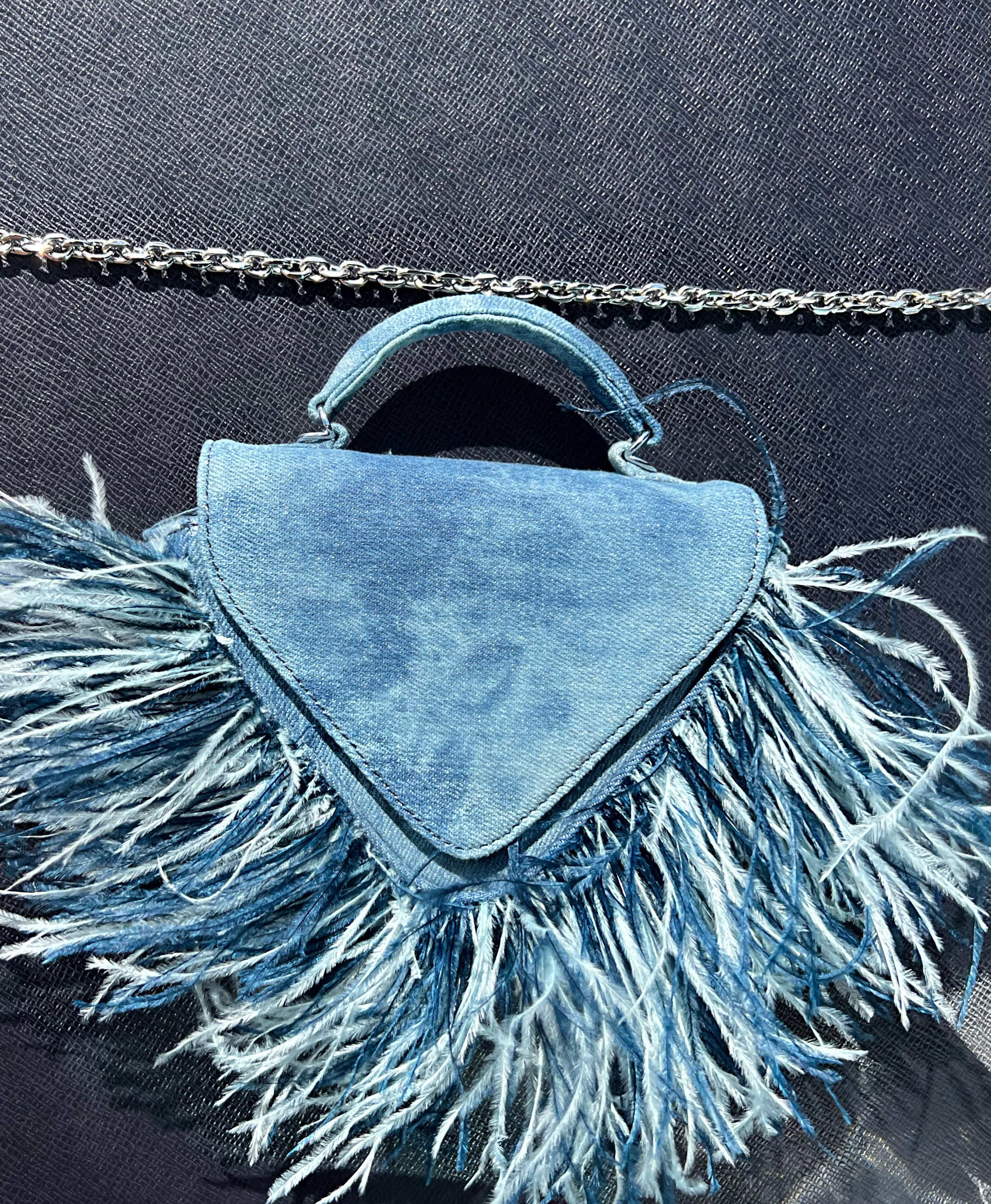 DENIM OSTRICH FEATHER BAG – KANDEESHOES