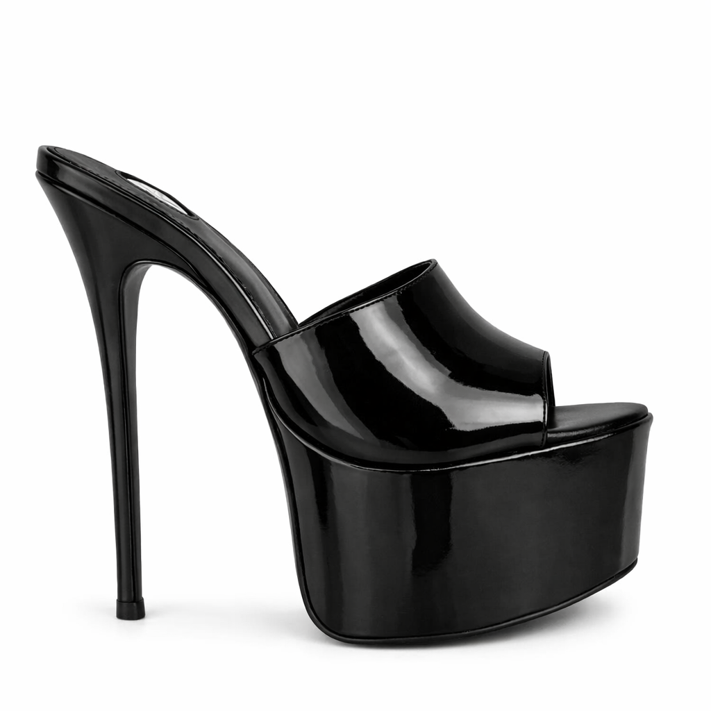 High gloss Black Patent Leather Platform Mules