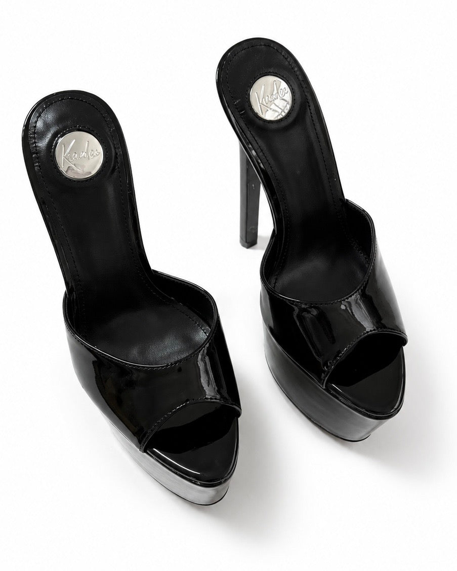 Midnight Black Gloss 180mm heel Mules - Kandee