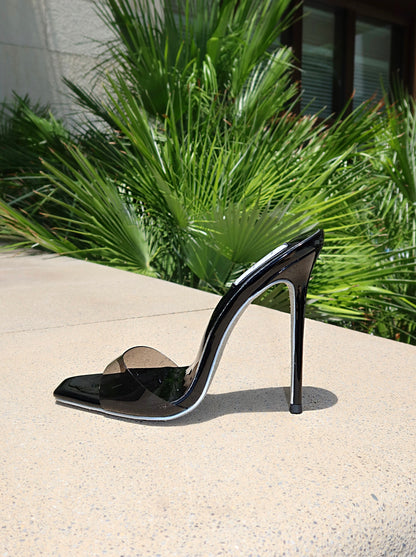 BLACK PATENT LEATHER BLACK PVC MULES