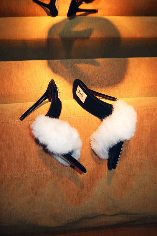 BLACK VELVET WHITE MINK MULES