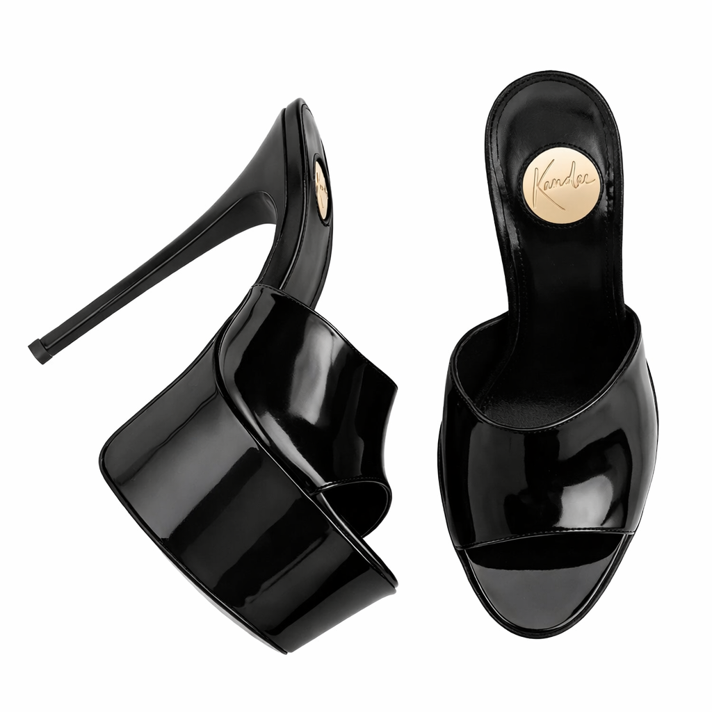 High gloss Black Patent Leather Platform Mules