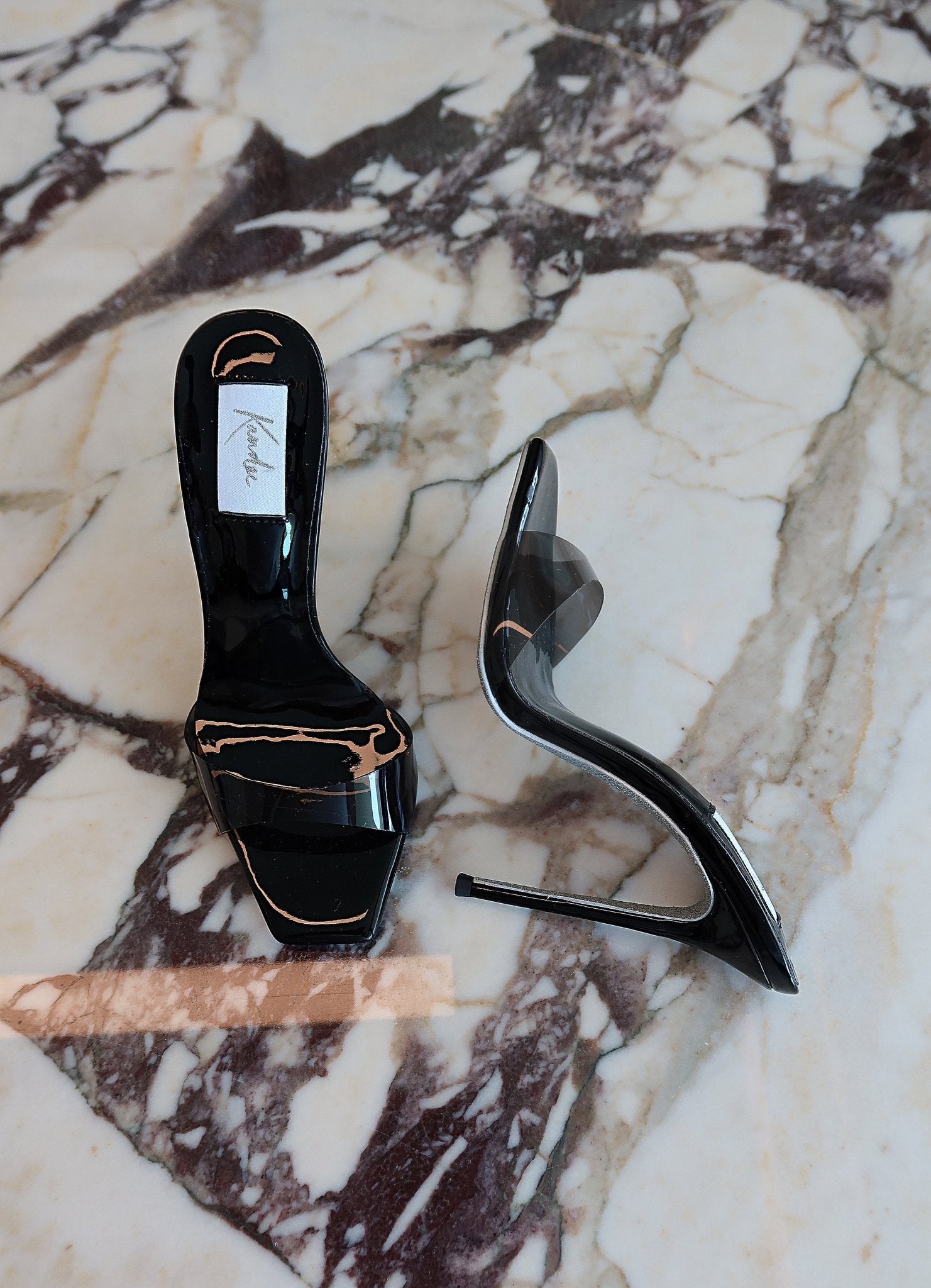 Black Patent Leather Black PVC Mules - Kandee