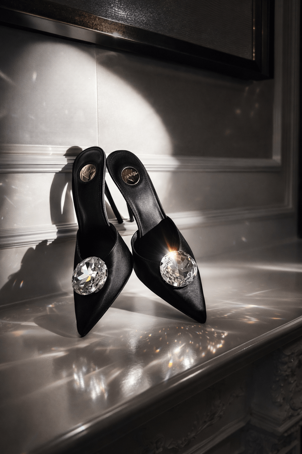 Black caviar Silk Crystal Mules 90mm - Kandee