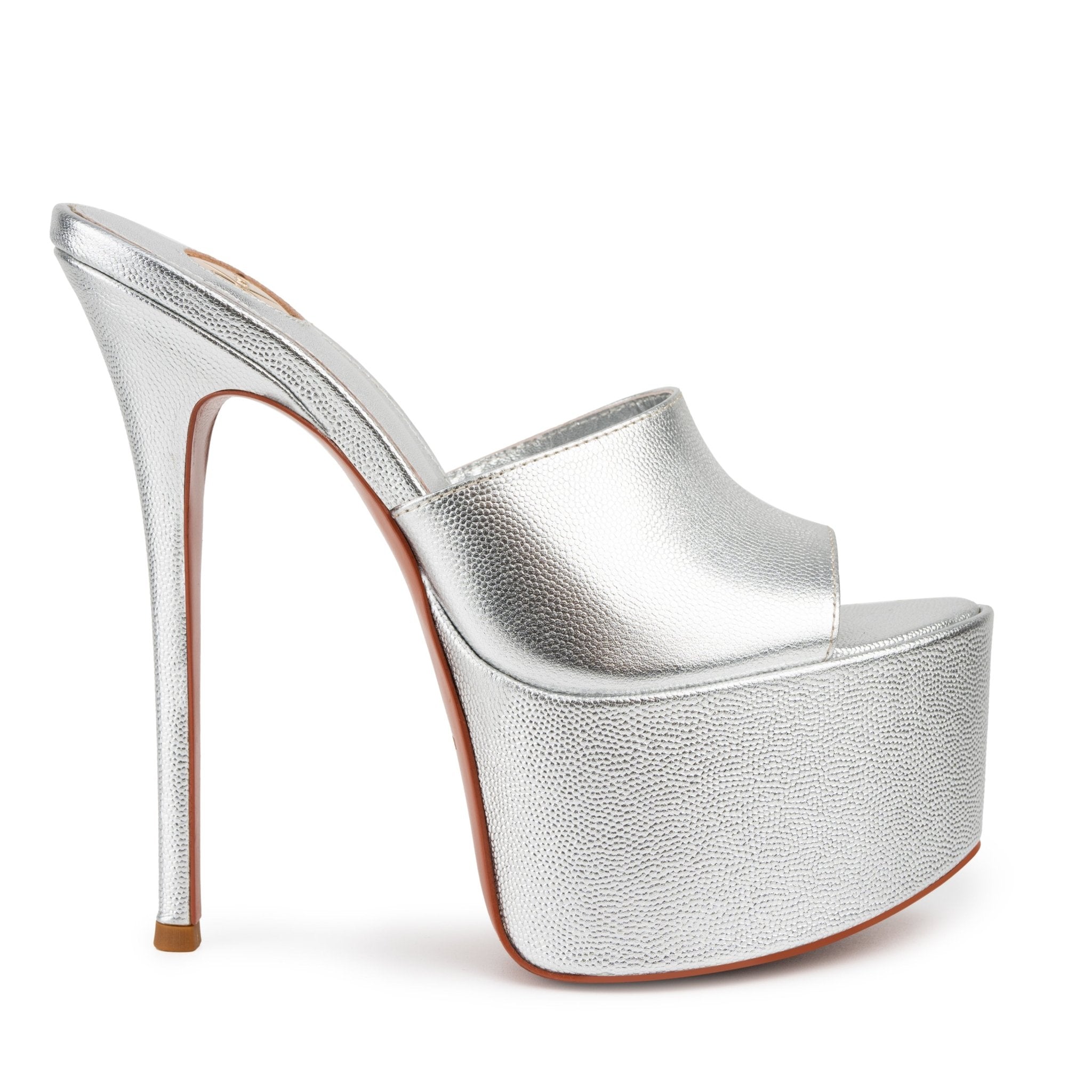 Silver Caviar Leather Platform Mules - Kandee