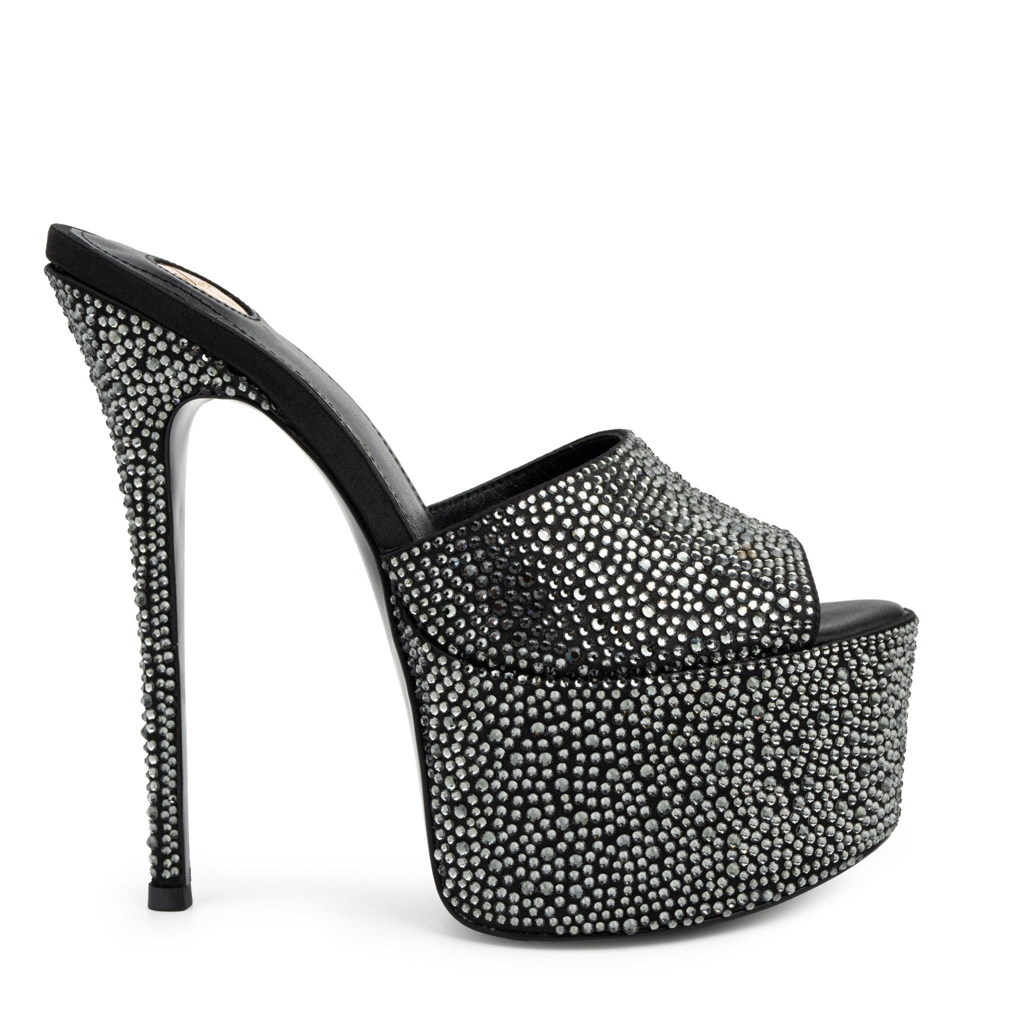 Black Caviar Crystal Leather Platform Mules - Kandee