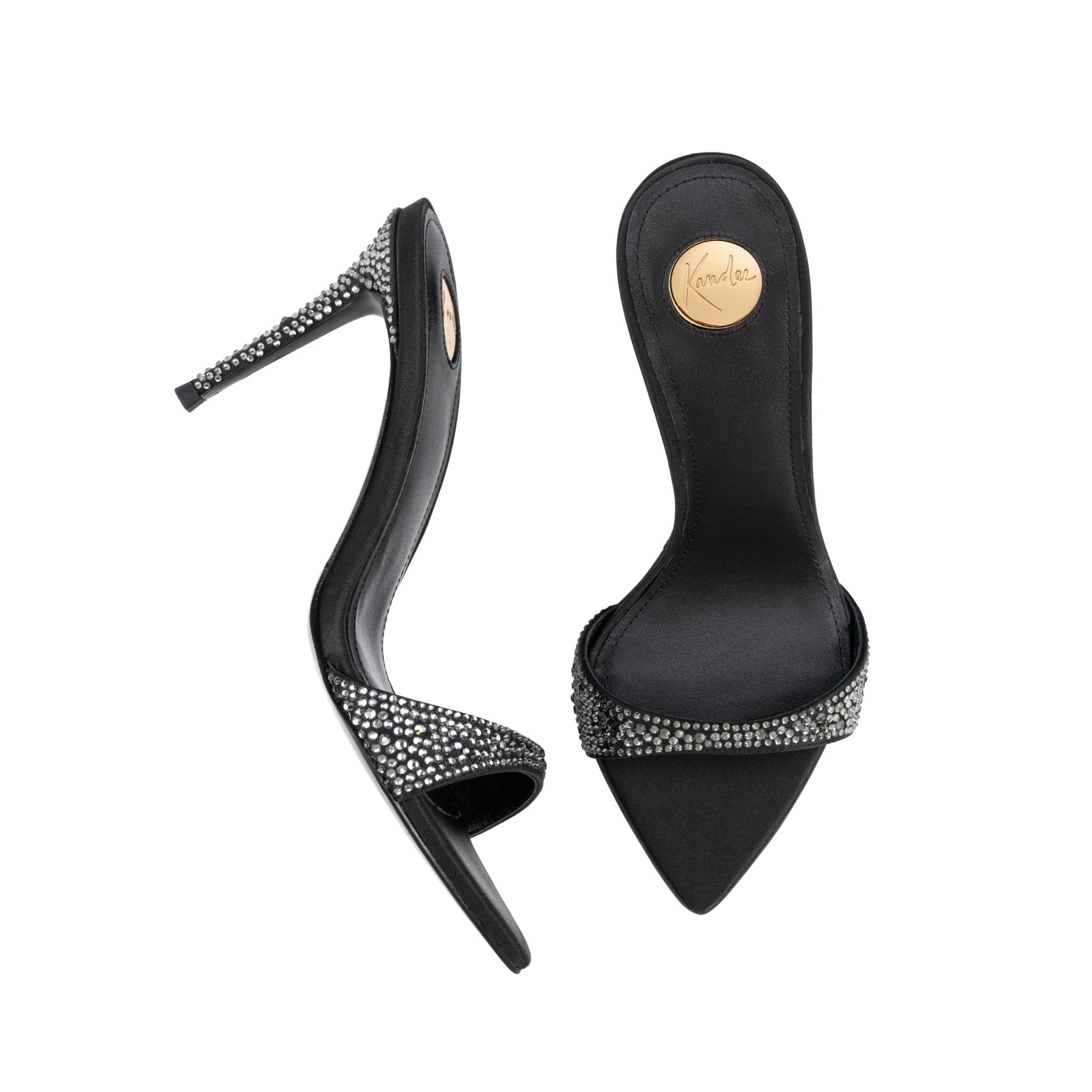 Black Caviar Crystal Leather Mules 90mm - Kandee