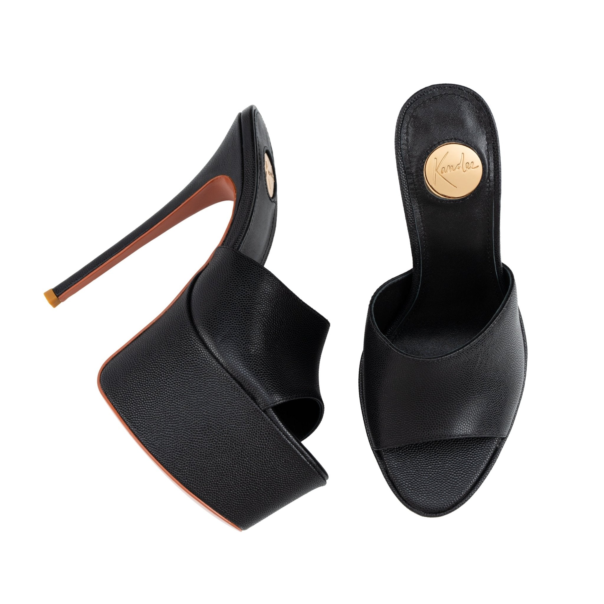 Black Caviar Leather Platform Mules - Kandee