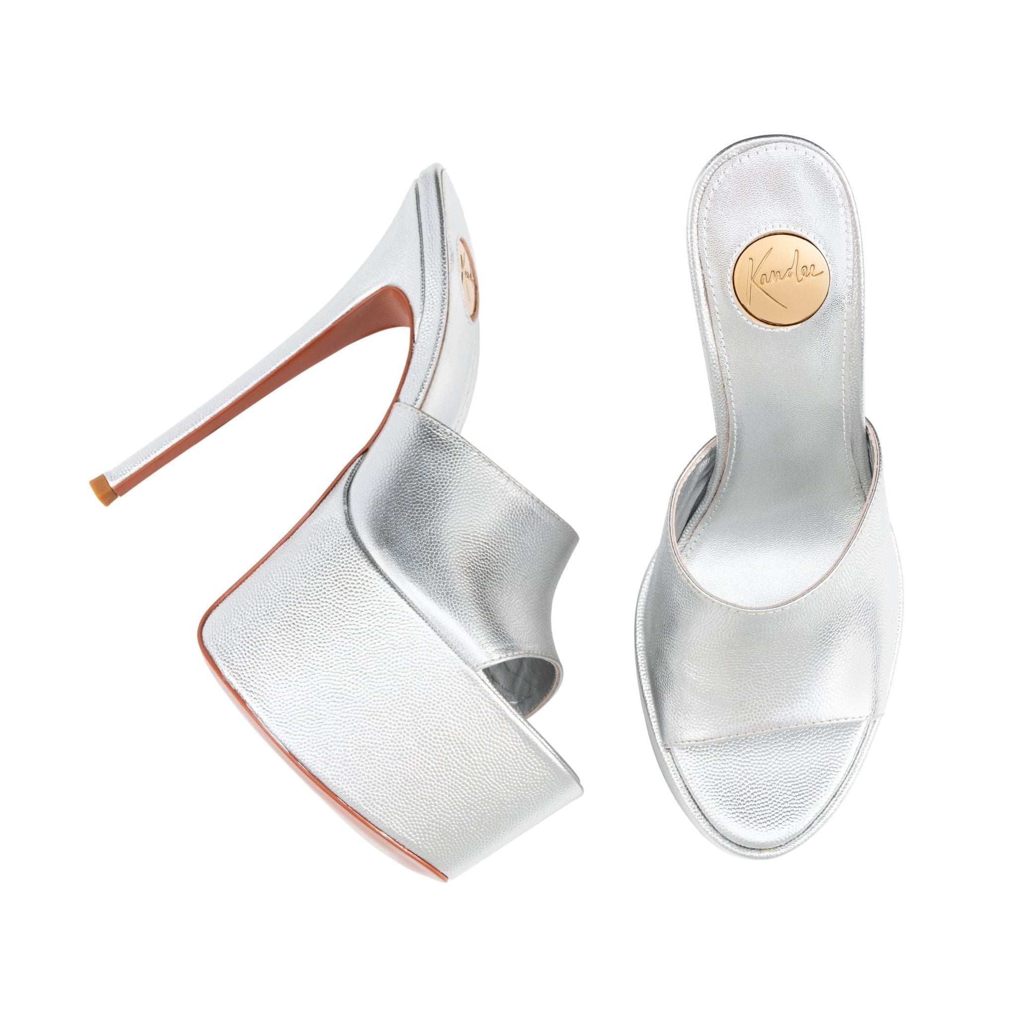 Silver Caviar Leather Platform Mules - Kandee