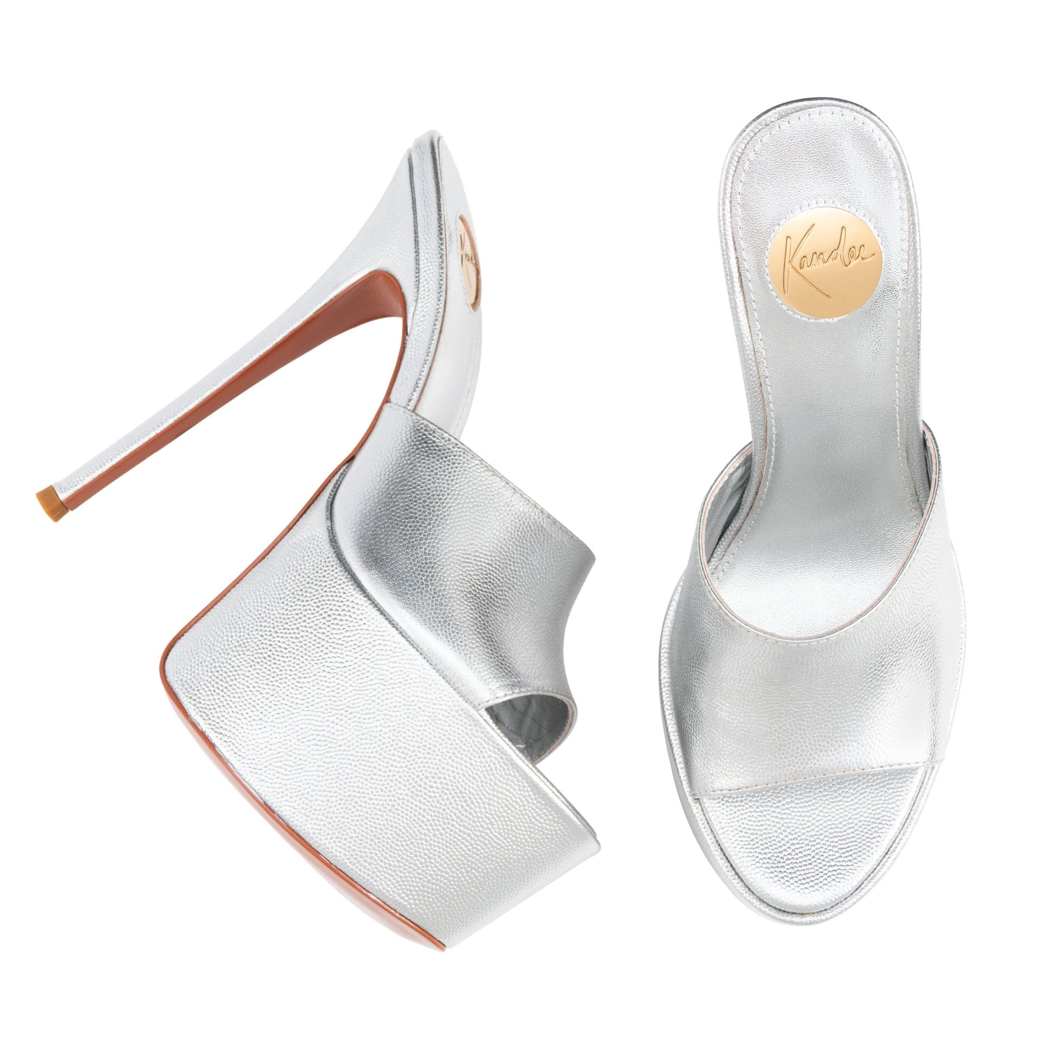 Silver Caviar Leather Platform Mules - Kandee