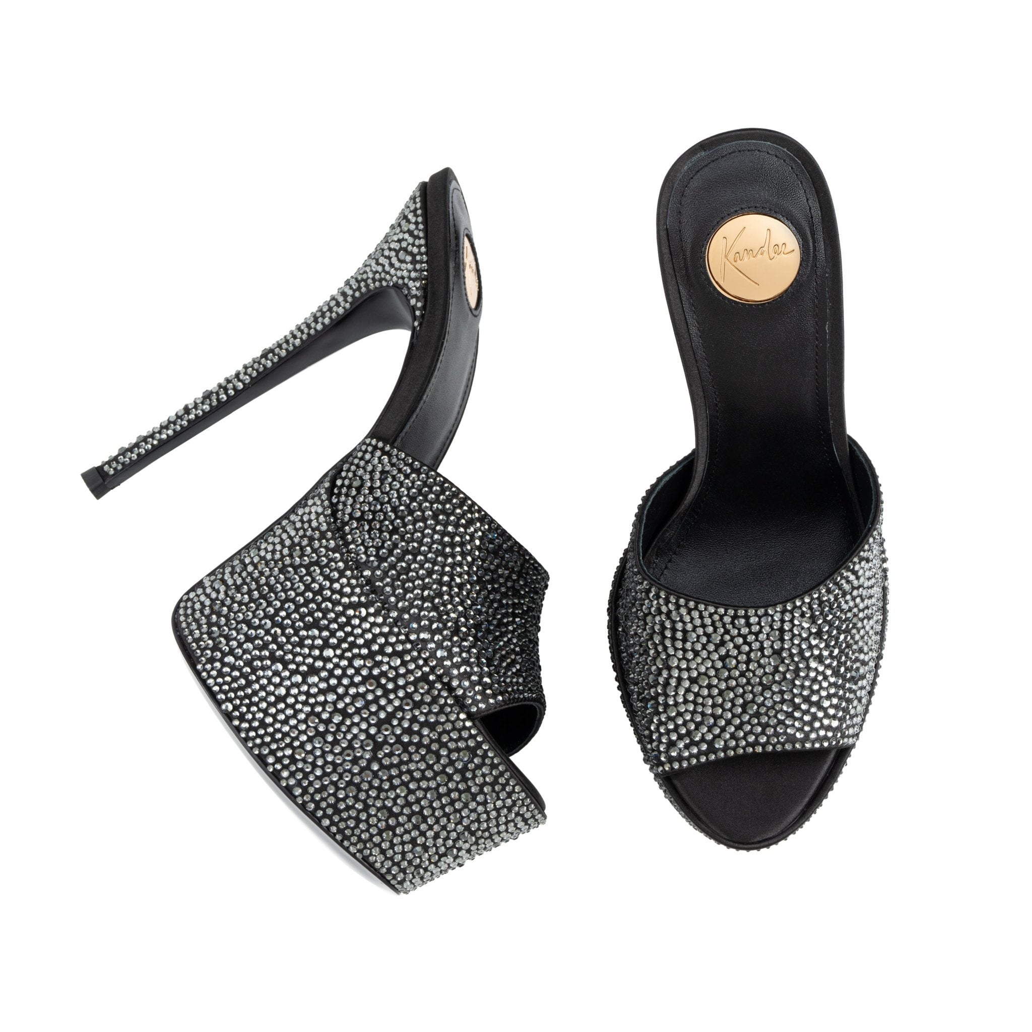 Black Caviar Crystal Leather Platform Mules - Kandee