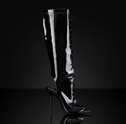 BLACK LATEX PATENT BOOT SANDALS