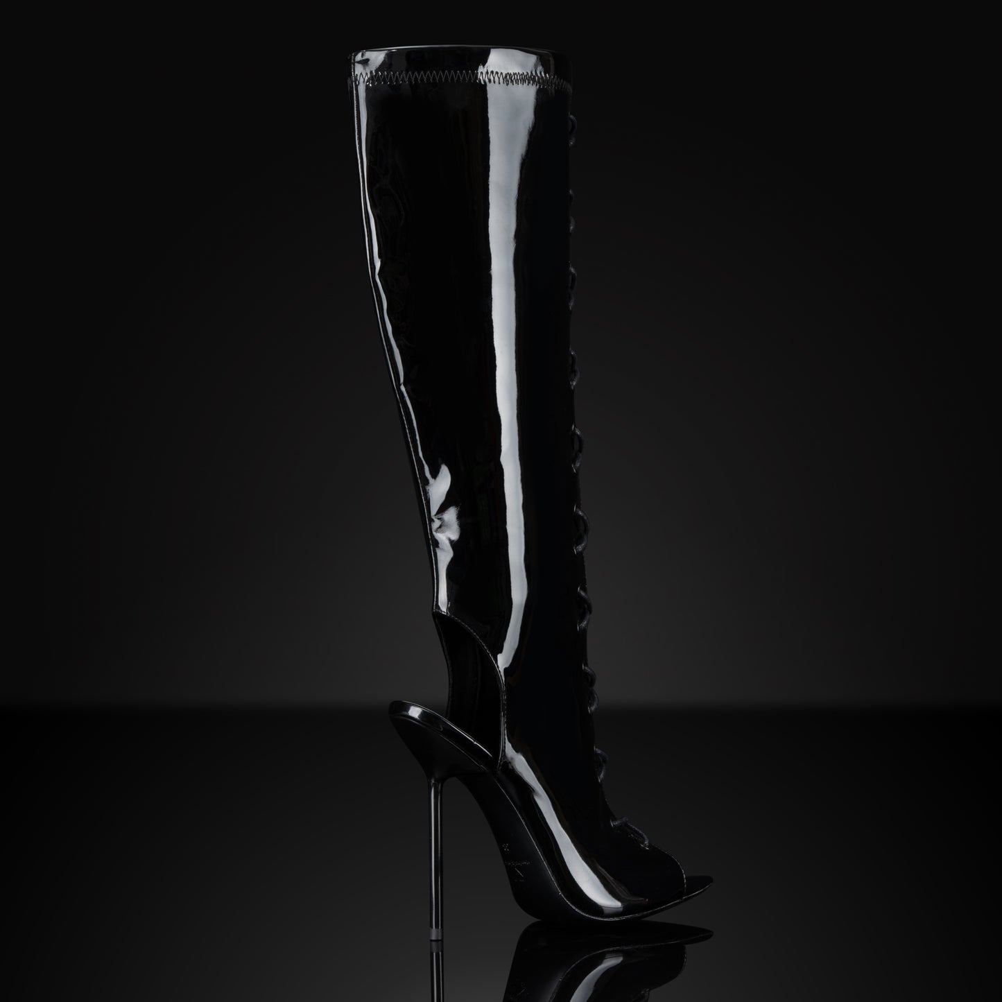 BLACK LATEX PATENT BOOT SANDALS