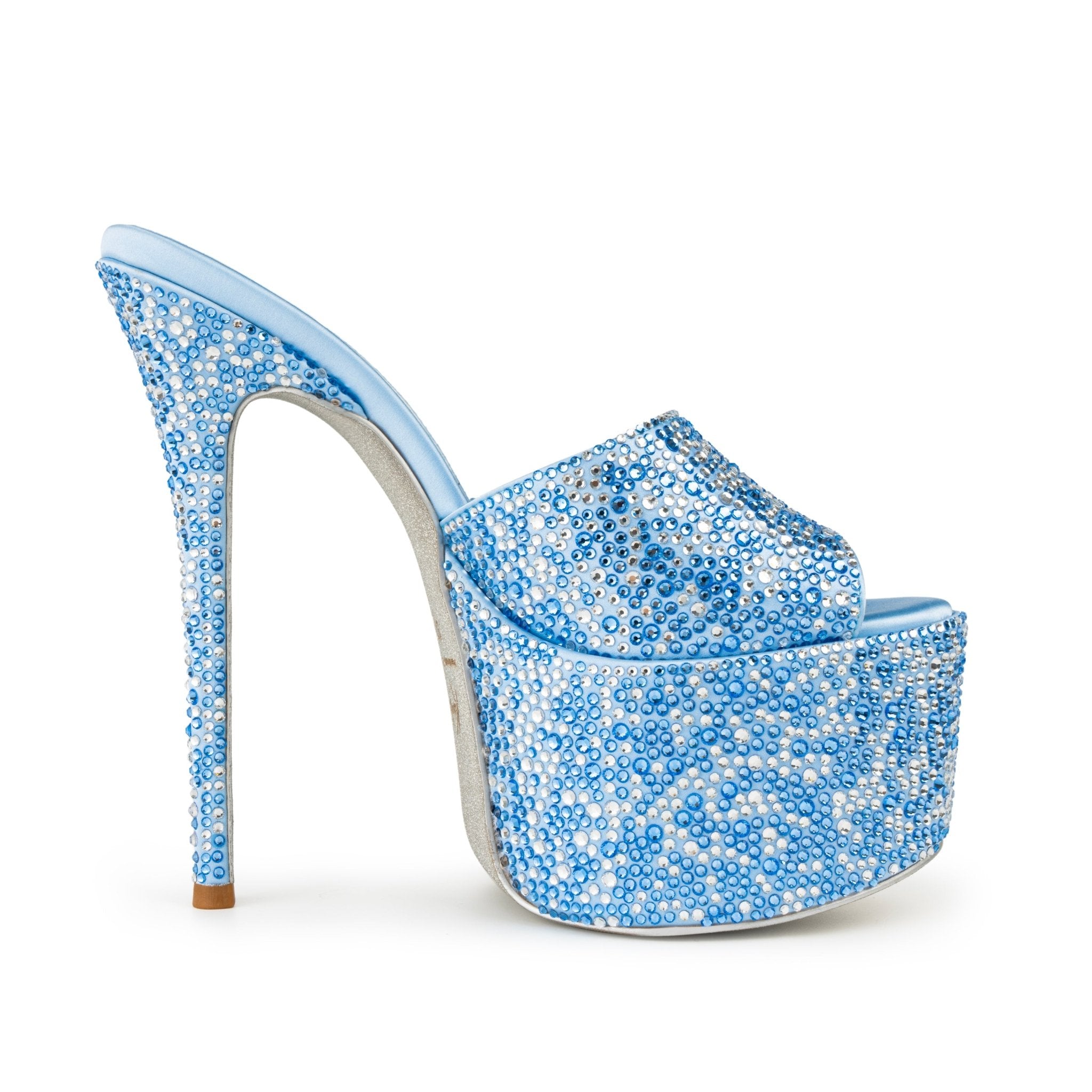 Sky Blue Crystal Silk Platform Mules - Kandee