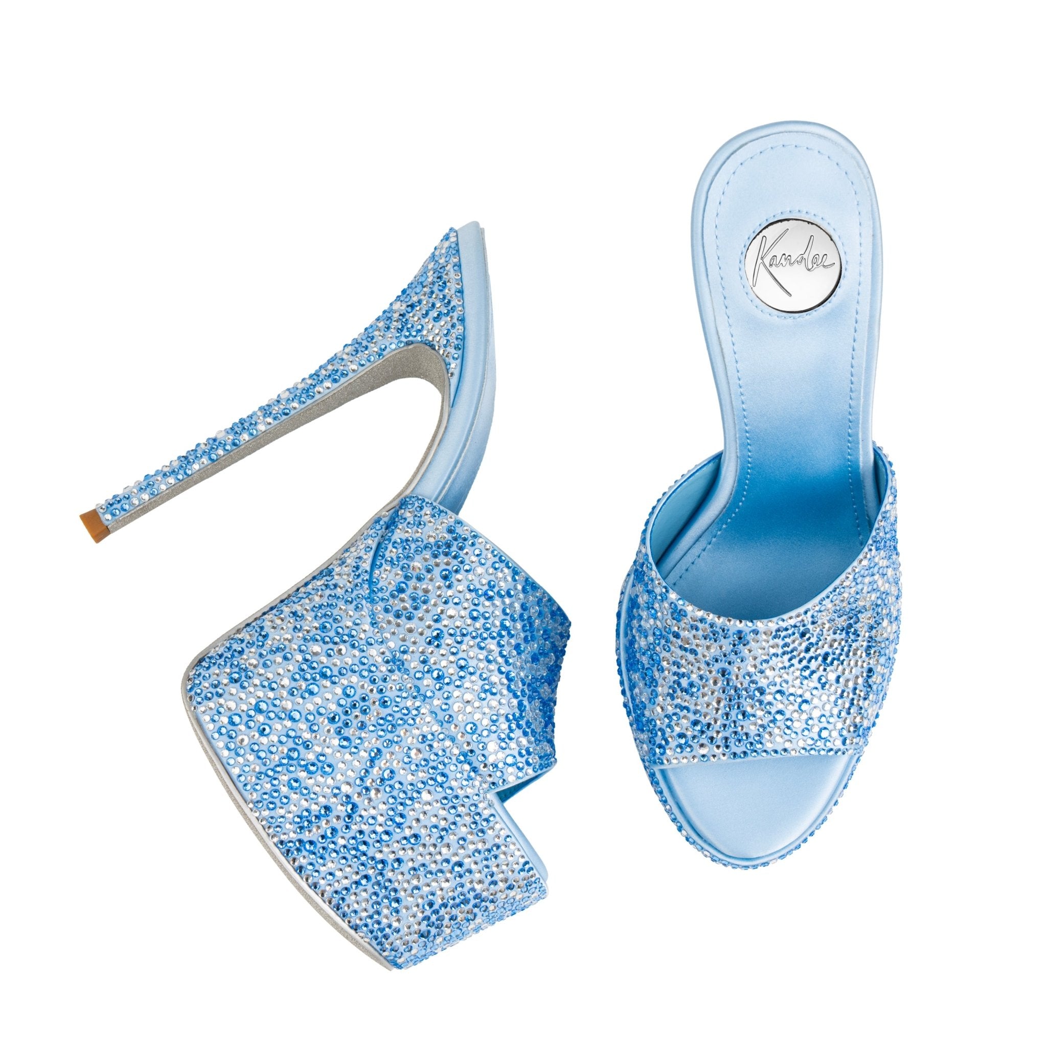 Sky Blue Crystal Silk Platform Mules - Kandee
