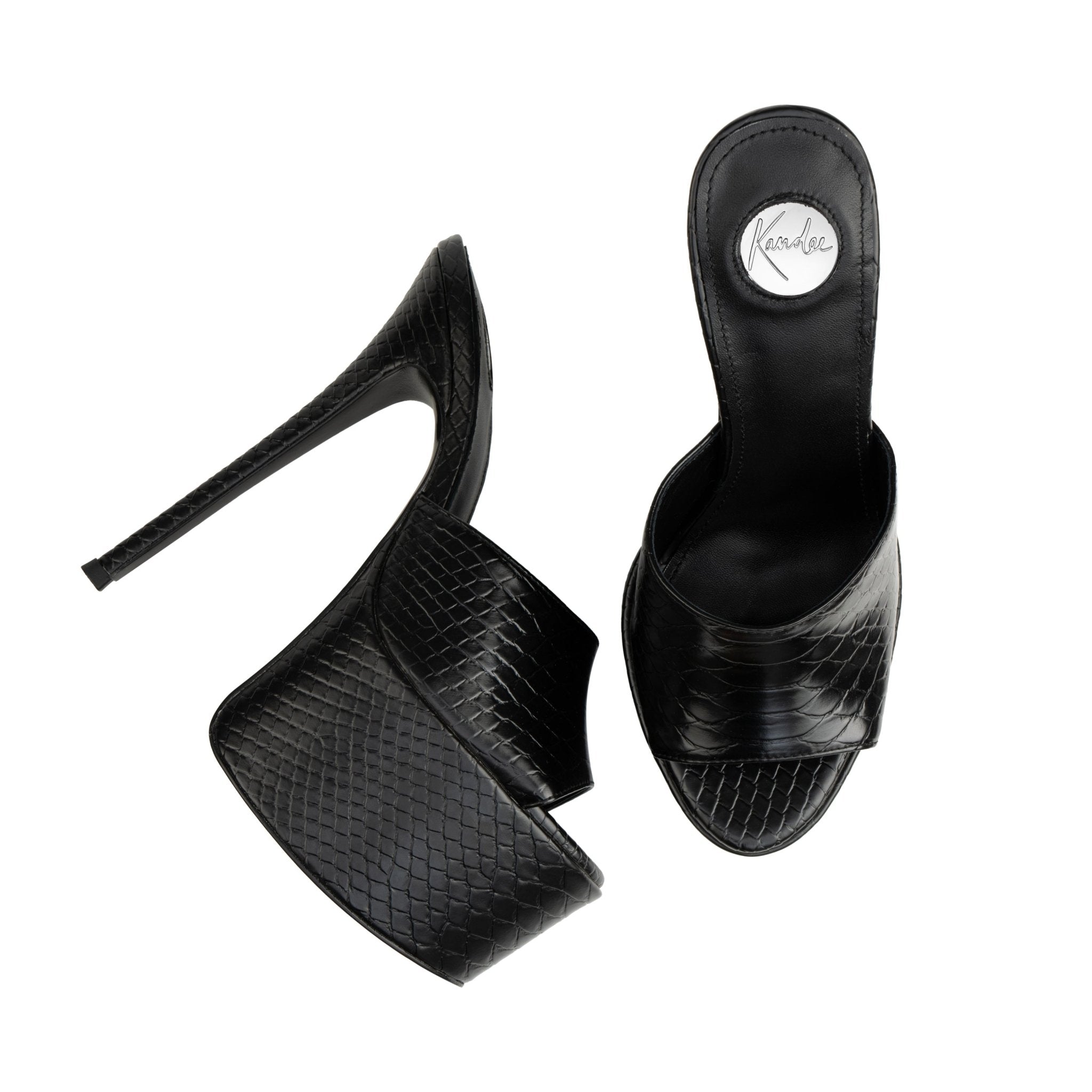 Black Python embossed Leather Platform Mules - Kandee