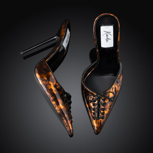 TORTOISESHELL PATENT LACE MULES