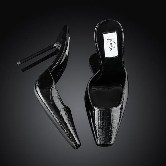 BLACK PATENT CROC EMBOSSED MULES