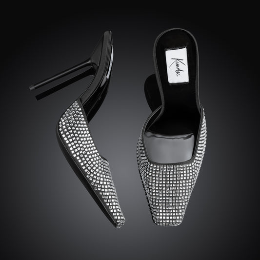 BLACK SATIN DISCO CRYSTAL MULES