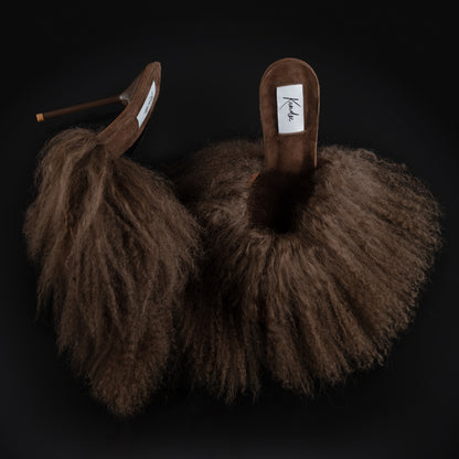 CHOCOLATE MONGOLIAN SHEARLING SUEDE MULES