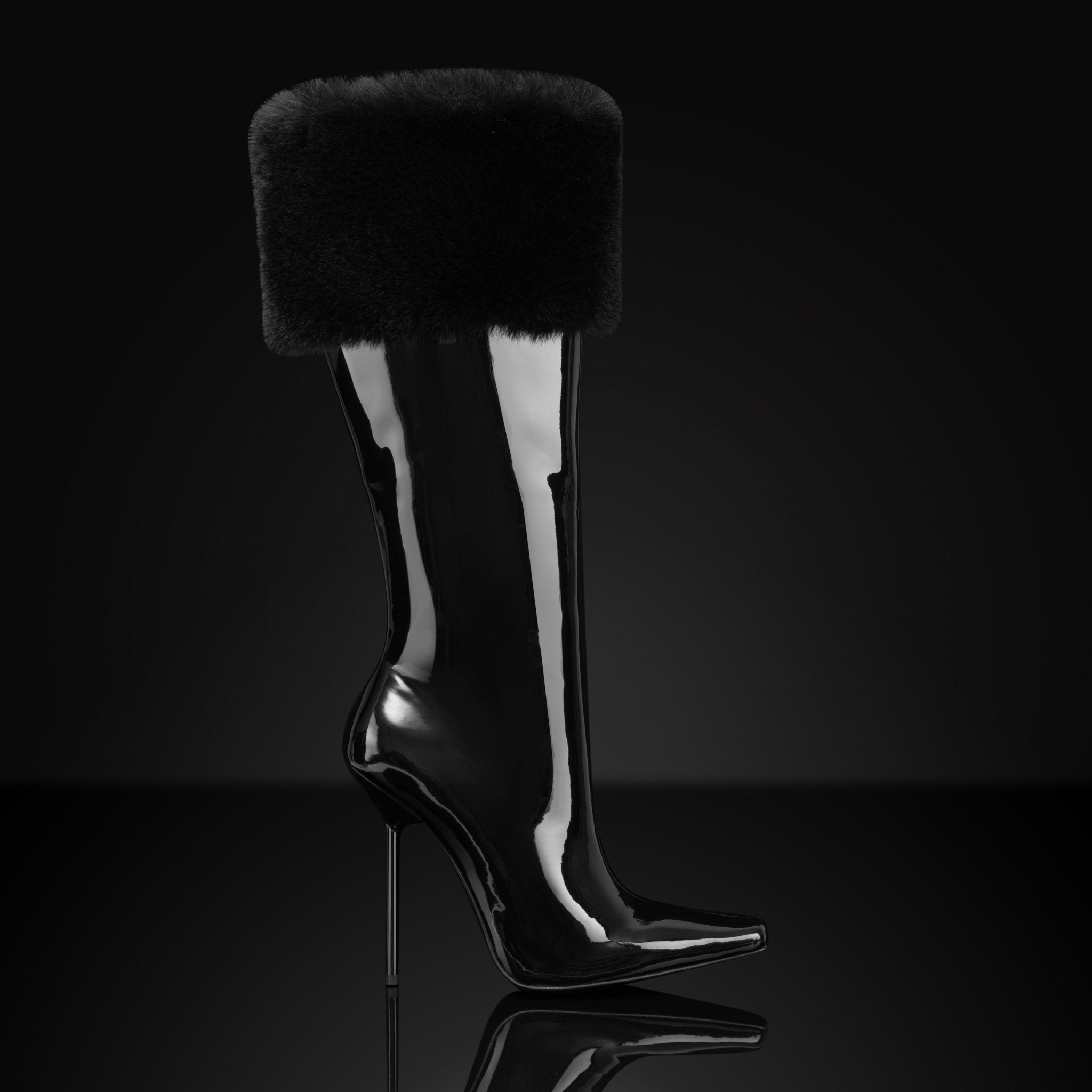 BLACK PATENT MINK CUFF BOOTS - Kandee