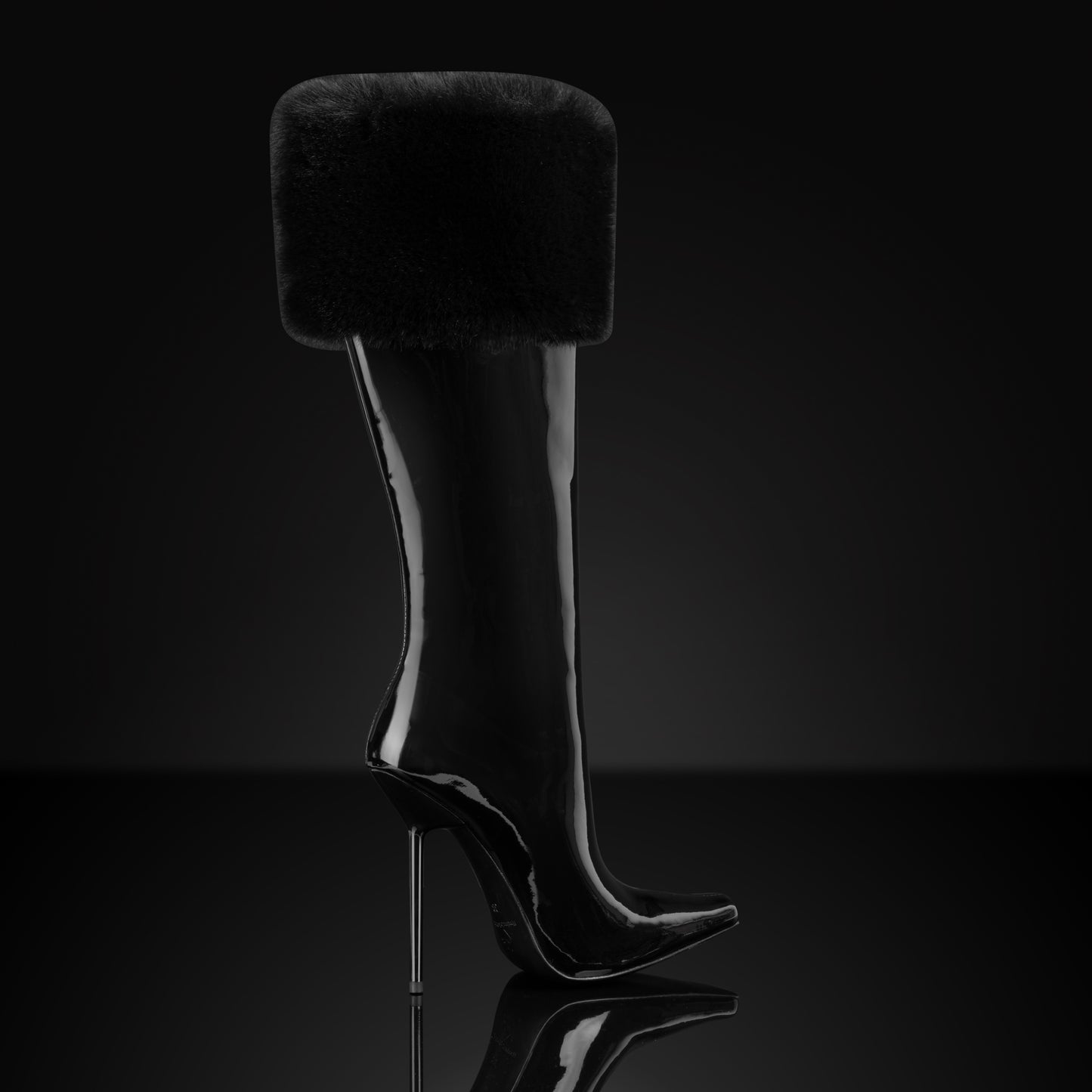 BLACK PATENT MINK CUFF BOOTS