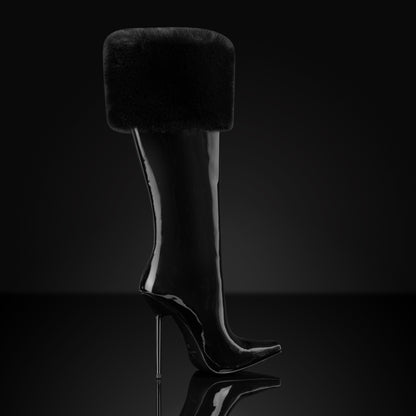 BLACK PATENT MINK CUFF BOOTS