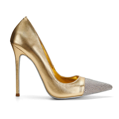 GOLD LEATHER STRASS TOE PUMPS