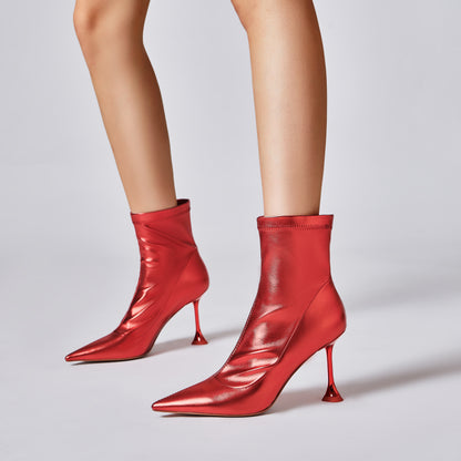 RED STRETCH HEART HEEL BOOTS